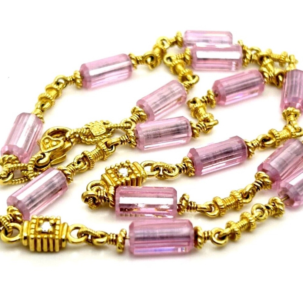 Judith Ripka 18K Yellow Gold Pink Stone Chain Necklace Diamond Accents 17.2 Inch